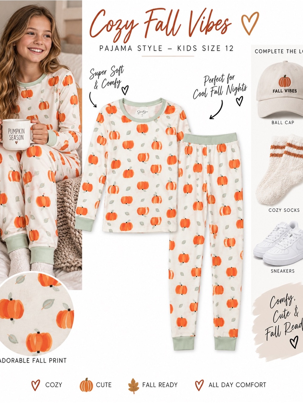 Jessica Simpson Very Soft Kids Pumpkin Pajama Set Cream & Orange with Sage Trim